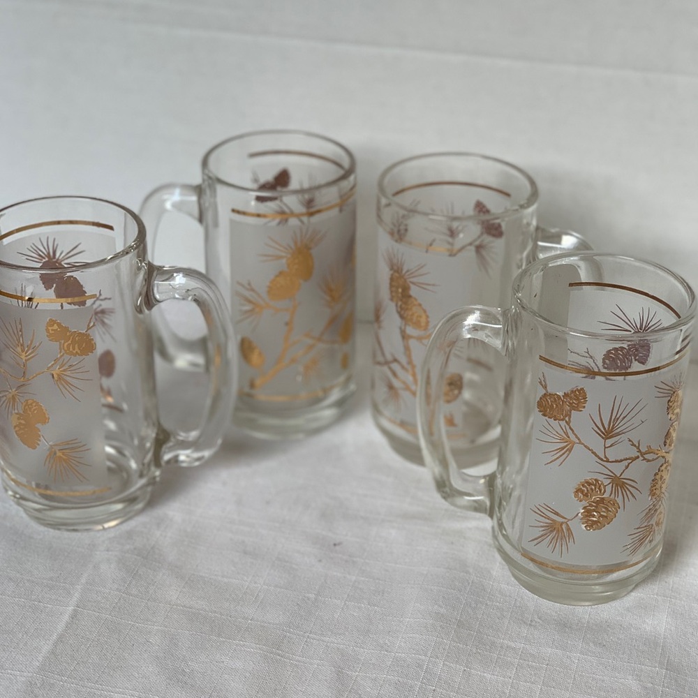 LIBBEY | Set of 4 | Vintage MCM Frosted Gold Pinecone Beer Steins Mugs